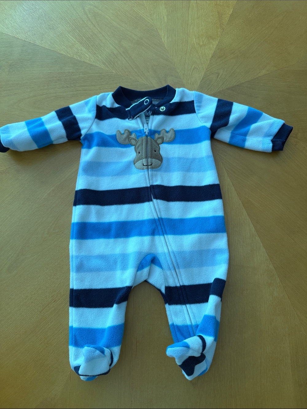 child of mine Blue and Navy Striped Moose Fleece Footed One-Piece